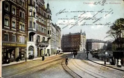 Ak Chemnitz in Sachsen, Nikolaibrücke, Straßenbahnschiene,  Architektur