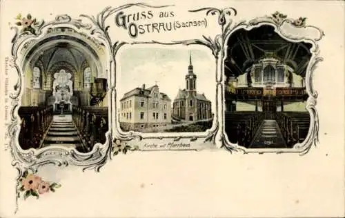 Ak Ostrau in Sachsen, Kirche mit Pfarrhaus, Innensicht der Kirche