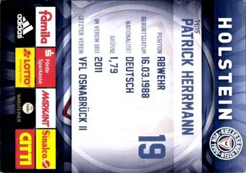 Autogrammkarte Fußballer Patrick Herrmann, Holstein Kiel, Autogramm