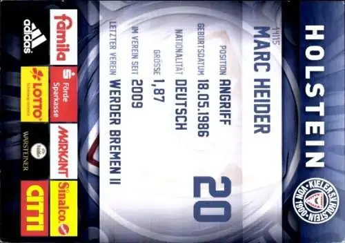 Autogrammkarte Fußballer Marc Heider, Holstein Kiel, Autogramm
