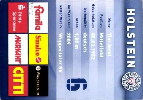 Autogrammkarte Fußballer Tim Jerat, Holstein Kiel, Autogramm