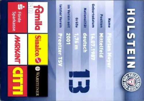 Autogrammkarte Fußballer Florian Meyer, Holstein Kiel, Autogramm