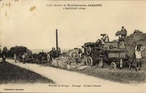 Ak Rantigny Oise, Ländliche Szene mit Dreschmaschine und Bauern. System Albaret