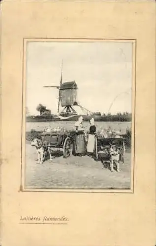 Passepartout Ak Flämische Milchbauern vor Windmühle