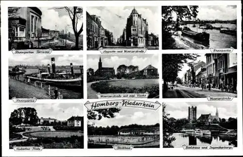 Ak Homberg Duisburg im Ruhrgebiet, Hubertus Platz, Bootshaus und Jugendherberge, Stadtbad, Kirche