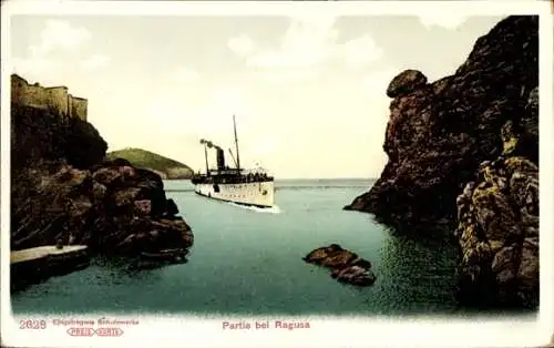 Ak Ragusa Dubrovnik Kroatien, Dampfer, Felsen, SMS Trieste
