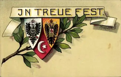 Künstler Ak Fröhlich, M., Kaiserreich, Dreierbund, In Treue fest, Wappen