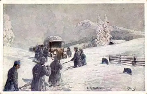 Künstler Ak Kanzl, R., Versorgungs-Lkw im Schnee, KuK-Armee, I. WK