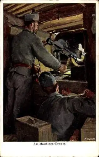 Künstler Ak KuK-Armee, Maschinengewehr, Soldaten in Uniformen, Alpenkorps