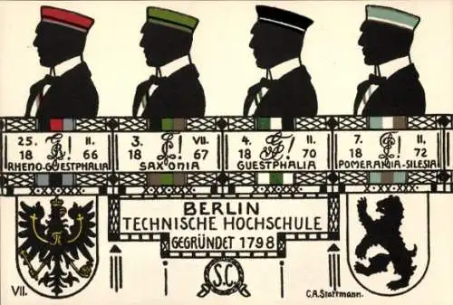 Studentika Ak Berlin, Techn. Hochschule, Rheno Guestphalia, Saxonia, Pomerania Silesia, Wappen
