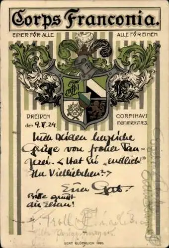 Studentika Ak Dresden, Corps Franconia, Corpshaus Mommsenstraße 3, Wappen, WSC
