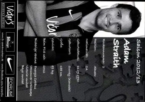 Autogrammkarte Fußballer Adam Straith, 1. FC Saarbrücken, Autogramm