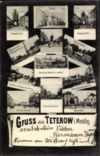 Ak Teterow in Mecklenburg, Rostocker Tor, Wilhelmsplatz, Brisgerdenkmal, Kirche, Malchiner Tor