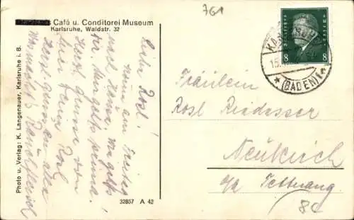Ak Karlsruhe in Baden, Café u. Conditorei Museum, Waldstraße 32
