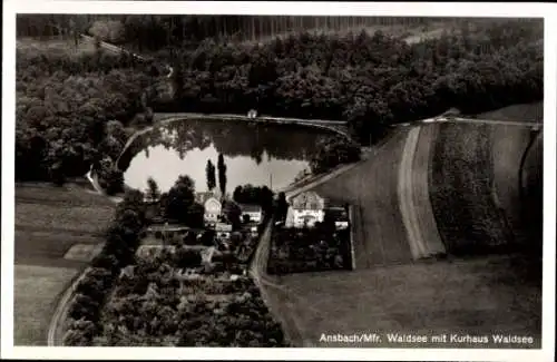 Ak Ansbach in Mittelfranken Bayern, Luftaufnahme vom Waldsee, Kurhaus Waldsee, umgebende Felder, 