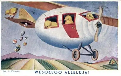 Künstler Ak Wilczyński, Glückwunsch Ostern, Küken im Flugzeug