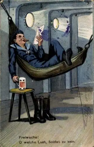 Ak Soldat in einer Hängematte raucht und trinkt Bier, Brief, Marinesoldat
