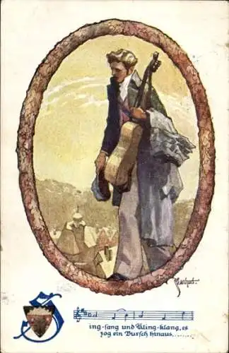 Passepartout Lied Künstler Ak Junger Mann mit Gitarre, Sing sang und kling klang...