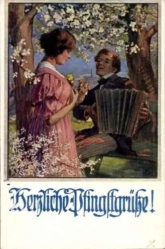 Künstler Ak Glückwunsch Pfingsten, Liebespaar, Mann spielt ein Musikinstrument
