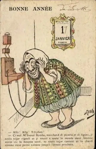 Künstler Ak Glückwunsch Neujahr, Mann am Telefon, Humor