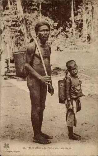 Ak Saigon Cochinchine Vietnam, Ein Mann und ein Kind gehen mit ihren Ngno zum Fischen.