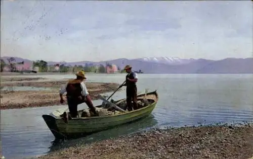Ak Wasserburg am Bodensee Schwaben, Männer im Ruderboot