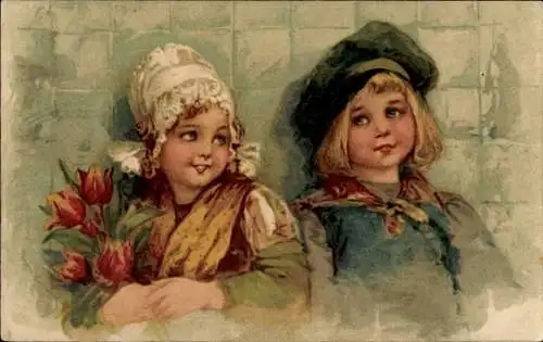 Präge Ak Kinder in niederländischen Trachten, Gemaltes Porträt