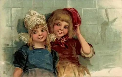 Ak Kinder in niederländischen Trachten, Porträt, Windmühle