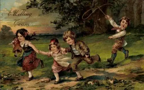 Präge Ak Spielende Kinder, Puppe, Lasso, Wald, Wiese