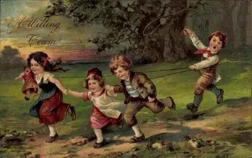 Präge Ak Spielende Kinder, Puppe, Lasso, Wald, Wiese