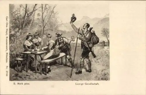 Künstler Ak Merk, E., Lustige Gesellschaft, Menschen am Tisch, Volkstracht