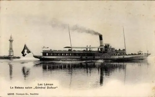 Ak Chillon Lac Léman Kt. Waadt Schweiz, Das Bild zeigt ein Schiff mit dem Namen General Dufour...