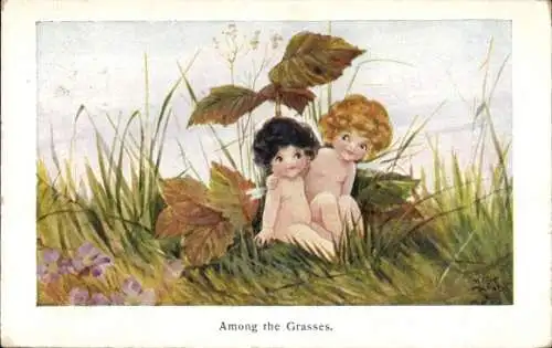 Künstler Ak Zwei kleine Kinder unter einer Pflanze versteckt