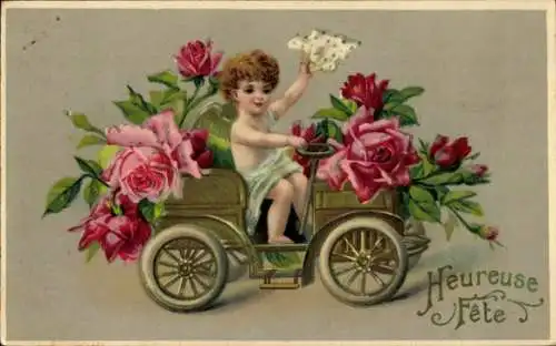 Ak Glückwunsch, Engel, Auto, Rosen
