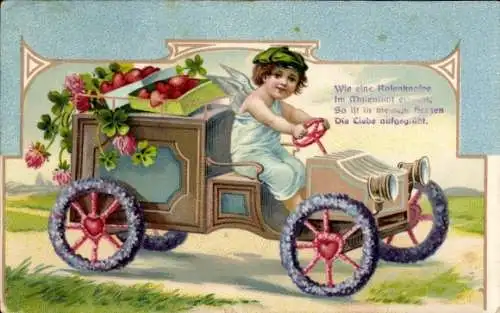 Ak Bern Stadt Schweiz, Engel mit Auto, Blumen und Herzräder, Liebesbotschaft