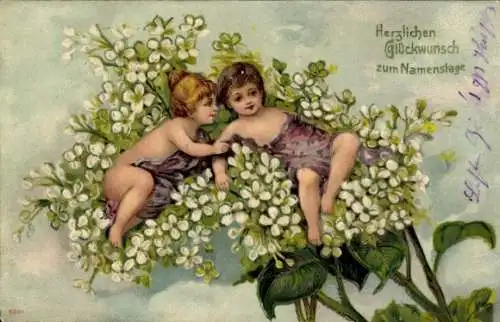 Präge Ak Glückwunsch Namenstag, Kinder, Weiße Blumen
