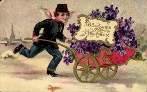 Präge Ak Glückwunsch Neujahr, Karre mit Blumen