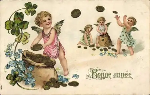 Präge Ak Glückwunsch Neujahr, Kleeblatt, Engel, Münzen