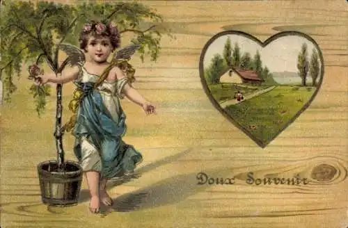 Ak Dorfidyll, Engel, Baum im Blumentopf