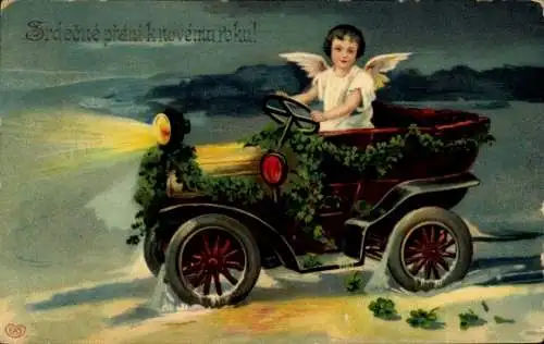 Ak Neujahr, Engel im Automobil