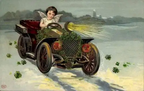 Ak Glückwunsch Neujahr, Kleeblatt, Engel im Auto