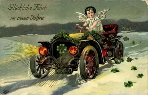 Ak Glückwunsch Neujahr, Engel, Glücksklee, Auto