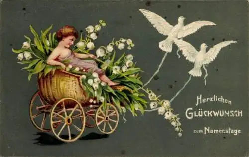 Präge Ak Glückwunsch Namenstag, Karren von Tauben gezogen, Maiglöckchen