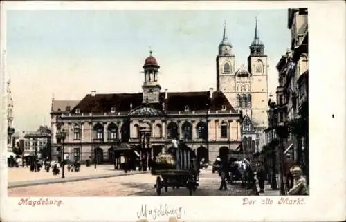 Ak Magdeburg, Partie am alten Markt, Platz, Türme,Wagen