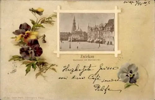 Passepartout Ak Zwickau in Sachsen, Marktplatz, Marienkirche, Stiefmütterchen