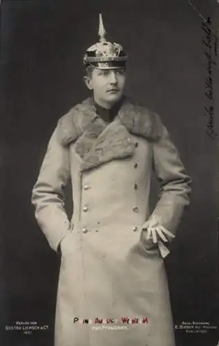 Ak Prinz August Wilhelm von Preußen, Portrait, Mantel, Pickelhaube, Liersch 1601