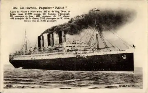 Ak Paquebot Paris, Dampfschiff, CGT, French Line