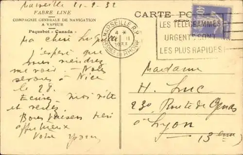 Ak Paquebot Canada, Fabre Line, Compagnie Generale de Navigation a Vapeur, Dampfer