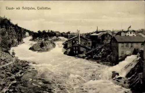 Ak Trollhättan Schweden, Toppö och Gullötallet, Wasser, Wohnhäuser
