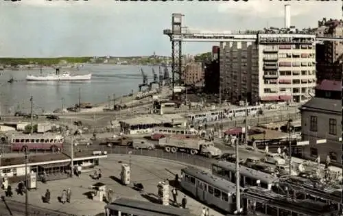 Ak Stockholm Schweden, Ansicht von Slussen, Katarinahissen, Schiff, Straßenverkehr, Stadtbilder
